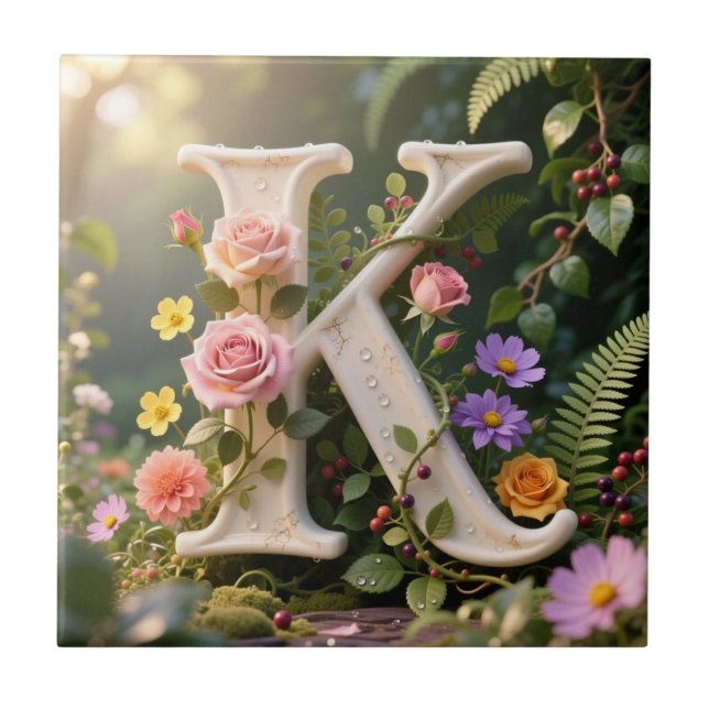 Weiße Blumen-Garten-Monogramm-Buchstabe K Fliese (Vorderseite)