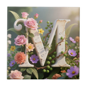 Weiße Blumen-Garten-Monogramm Buchstabe M Fliese