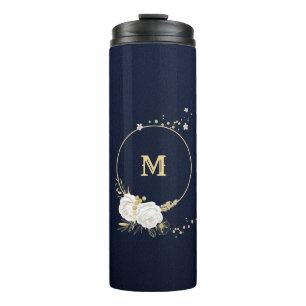 weiße Blumen goldene Blätter navy Thermosbecher