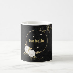 weiße Blumen goldene Blätter schwarz Kaffeetasse