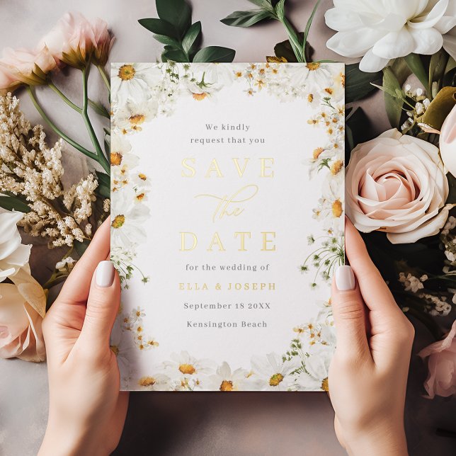 Weiße Blumen & Goldfolie Hochzeit Save The Date Folieneinladung (Von Creator hochgeladen)