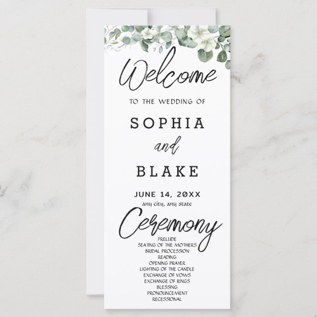 Weiße Blumen Grün Weiße Hochzeitsprogramm (Vorderseite)