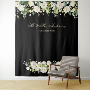 Weiße Blumen Hochzeit Schwarzer Fotoautomaten-Hint Wandteppich