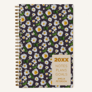 Weiße Blumen im Blumenmuster personalisiert Blau Notizbuch