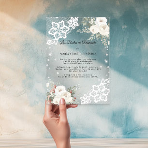 Weiße Blumen Invitación Bodas de Diamante Acryleinladungen
