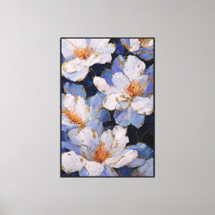 Weiße Blumen mit blauen und goldenen Akzenten Abst Leinwanddruck