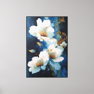Weiße Blumen mit Gold auf Blau – Abstrakte Wandkun Leinwanddruck