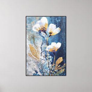 Weiße Blumen mit goldenen und blauen Akzenten Abs Leinwanddruck