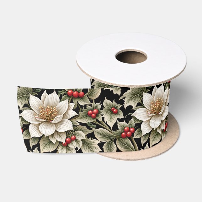 Weiße Blumen mit Holly & Red Berries Satinband (Spule)