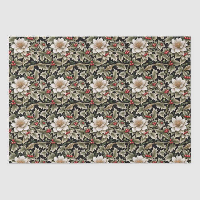 Weiße Blumen mit Holly & Red Berries Seidenpapier (Vorderseite)
