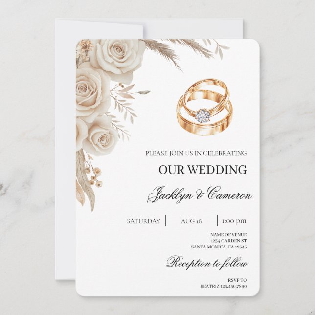 Weiße Blumen mit Ring Hochzeit Einladung (Vorderseite)