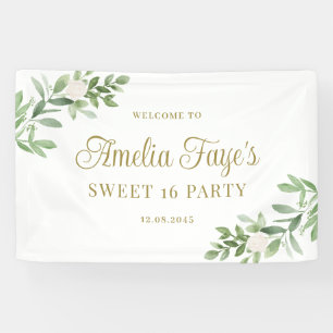 Weiße Blumen und Grün für die süße 16 Party Banner