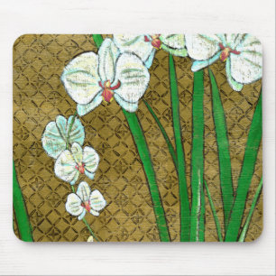 Weiße Blumen und grüne Stämme auf Brown-Grenze Mousepad
