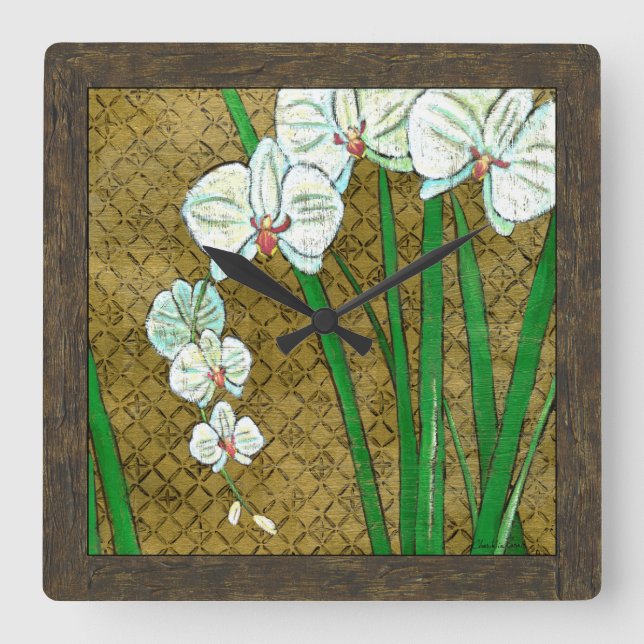 Weiße Blumen und grüne Stämme auf Brown-Grenze Quadratische Wanduhr (Vorderseite)