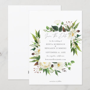 Weiße Blumen und Grünpflanzen Save the Date Einlad Einladung