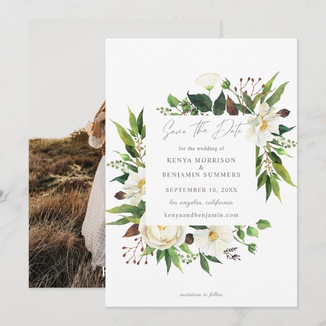 Weiße Blumen und Grünpflanzen Save the Date Foto Einladung (Vorne/Hinten)