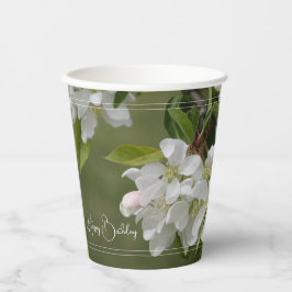 Weiße Blumenblüten mit rosa Pappbecher