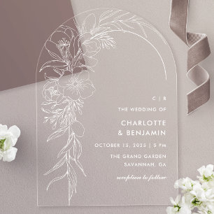 Weiße Blumenbouquet-Bogen-Hochzeit Acryleinladungen
