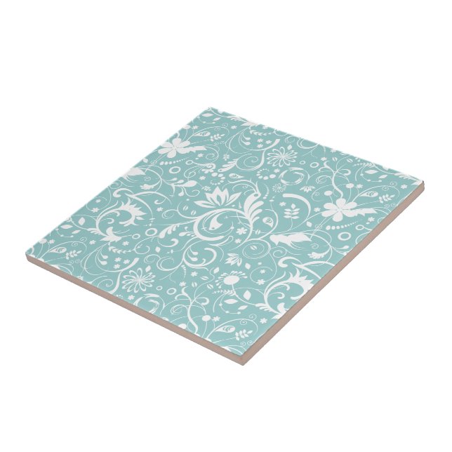 Weiße BlumenDamasken über Aquamarin-blauem Hinterg Fliese (Seite)