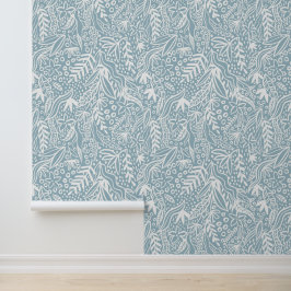 Weiße Blumenfolien auf blauem Design Tapete