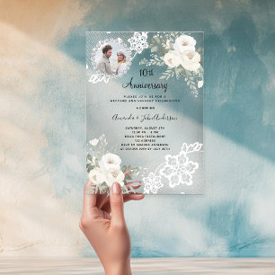Weiße Blumenfotos klare 10. Hochzeitstag Acryleinladungen