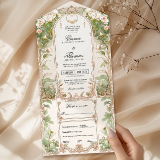 Weiße Blumengärten laden zu einer Hochzeit ein All In One Einladung