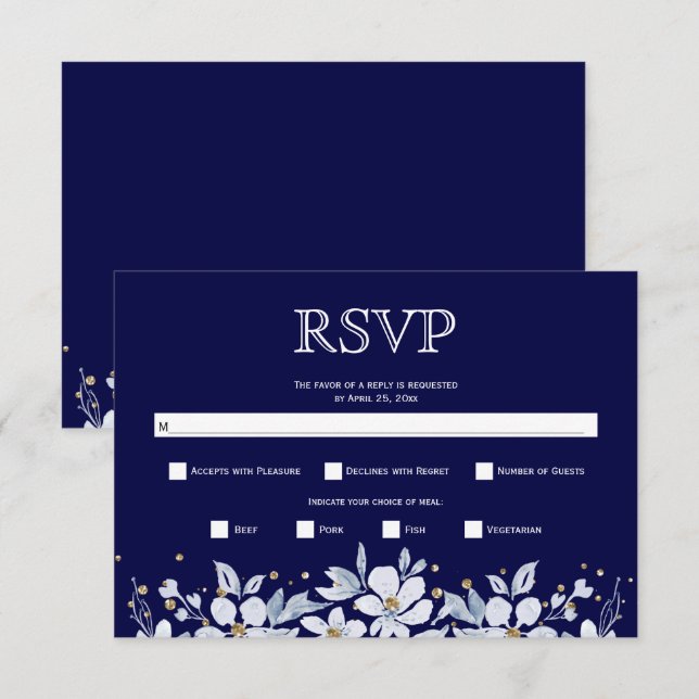 Weiße Blumengarten und Juwelen blauer Hochzeit RSVP Karte (Vorne/Hinten)