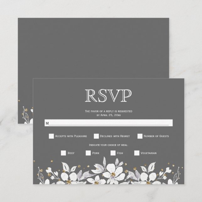 Weiße Blumengarten und Juwelen, graue Hochzeit RSVP Karte (Vorne/Hinten)