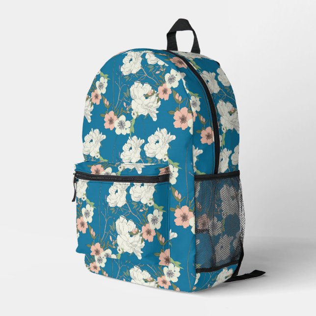 Weiße Blumengartenmuster Bedruckter Rucksack (Rückseitige Ecke Rechts)