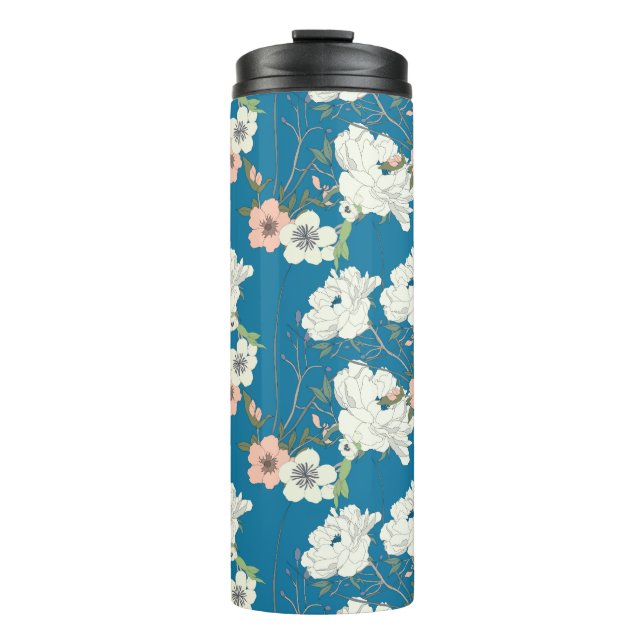 Weiße Blumengartenmuster Thermosbecher (Vorderseite)