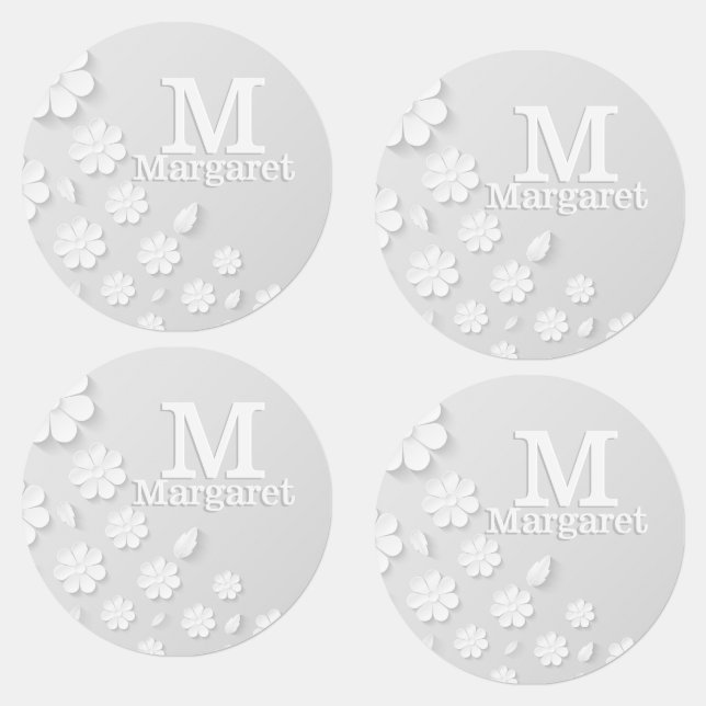 Weiße, blumengeprägte Namensinitialen personalisie Etiketten (Gruppe)