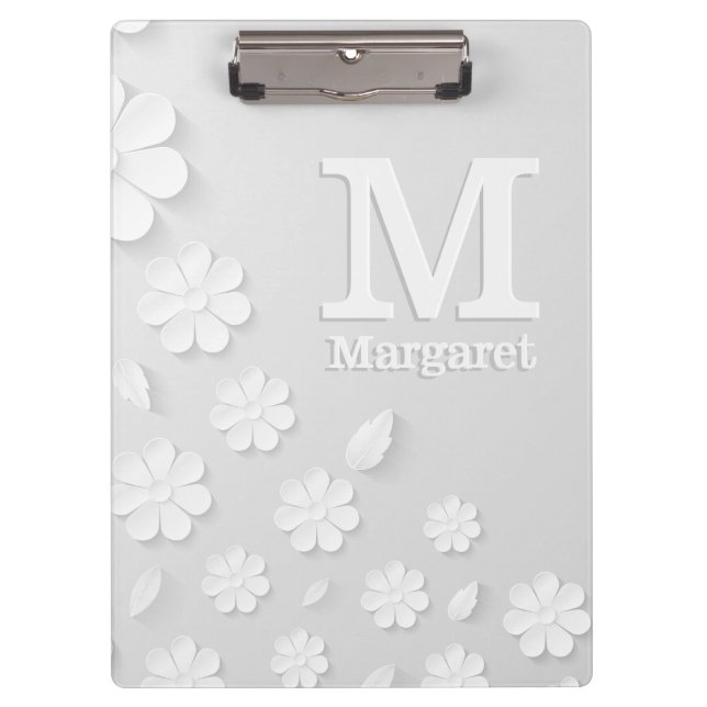 Weiße, blumengeprägte Namensinitialen personalisie Klemmbrett (Vorderseite)