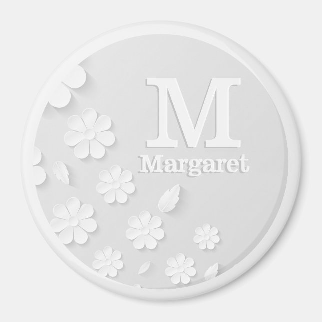 Weiße, blumengeprägte Namensinitialen personalisie Magnet (Vorne)
