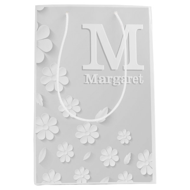Weiße, blumengeprägte Namensinitialen personalisie Mittlere Geschenktüte (Vorderseite)