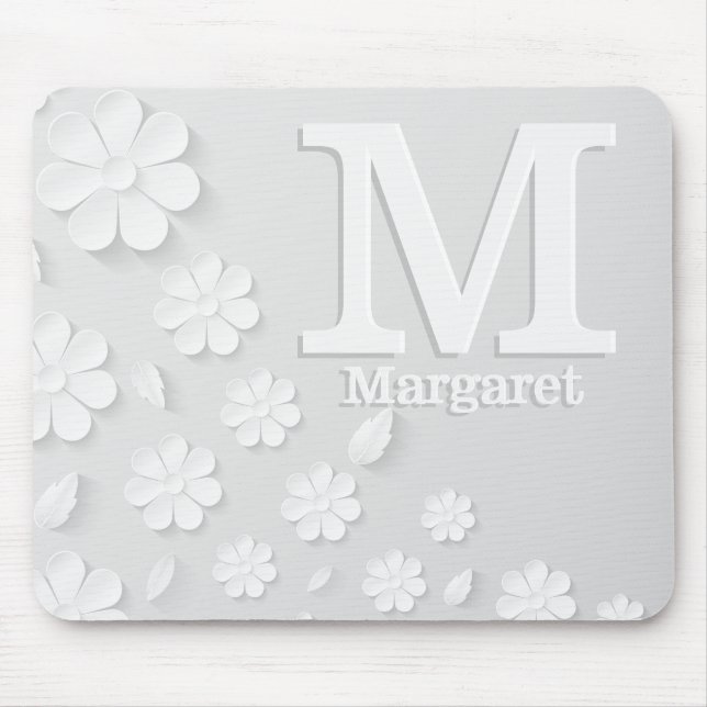 Weiße, blumengeprägte Namensinitialen personalisie Mousepad (Vorne)