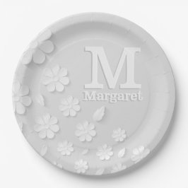 Weiße, blumengeprägte Namensinitialen personalisie Pappteller