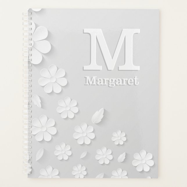 Weiße, blumengeprägte Namensinitialen personalisie Planer (Vorderseite)