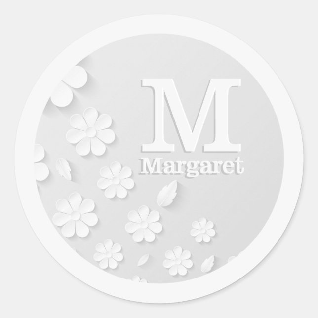 Weiße, blumengeprägte Namensinitialen personalisie Runder Aufkleber (Vorderseite)
