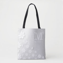 Weiße, blumengeprägte Namensinitialen personalisie Tasche