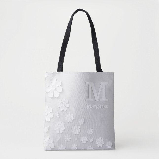 Weiße, blumengeprägte Namensinitialen personalisie Tasche (Vorderseite)