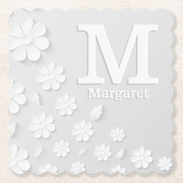 Weiße, blumengeprägte Namensinitialen personalisie Untersetzer (Vorderseite)