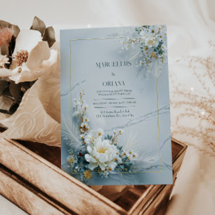 Weiße Blumengoldrahmen-Marmor-Textur-Hochzeit Einladung
