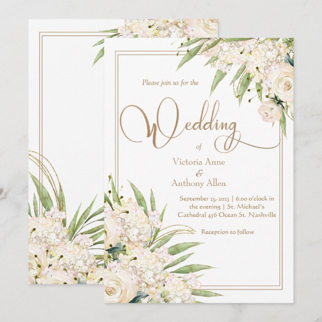 Weiße Blumengrün Botanische Elegante Hochzeit Einladung (Vorne/Hinten)