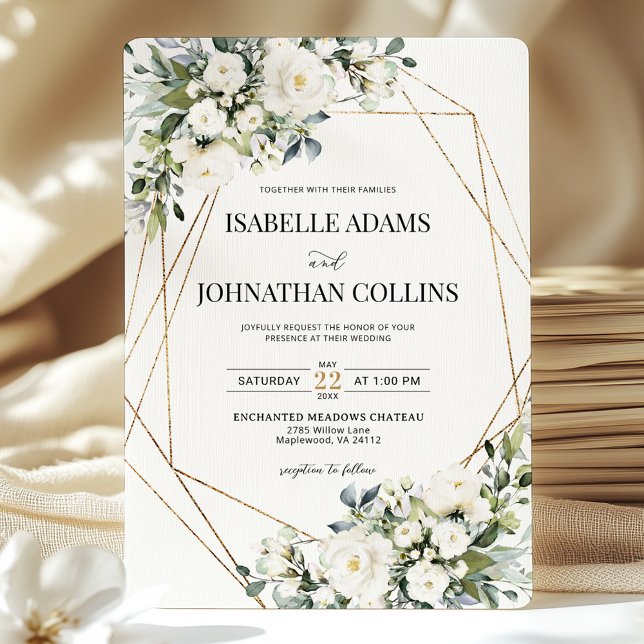 Weiße Blumengrün Geometrische Rahmen Hochzeit Gold Einladung (Von Creator hochgeladen)