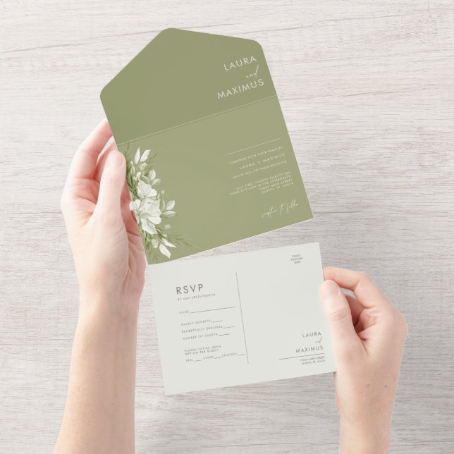 Weiße Blumengrün Hochzeit All In One Einladung (Abreißen)