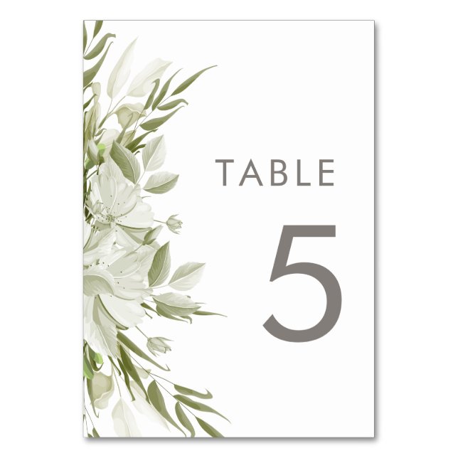 Weiße Blumengrün Hochzeit Tischnummer (Vorderseite)
