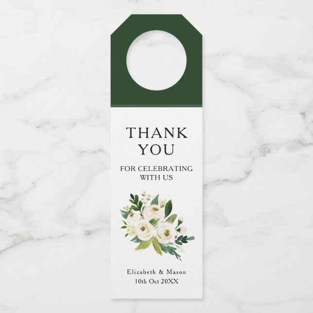 Weiße Blumengrün Hochzeit Vielen Dank Flaschenetik Flaschenanhänger (Vorderseite)