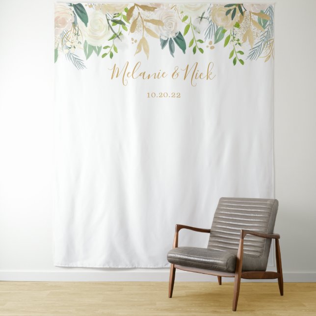 Weiße Blumengrün Hochzeitsreise Foto Hintergrund Wandteppich (Beispiel)