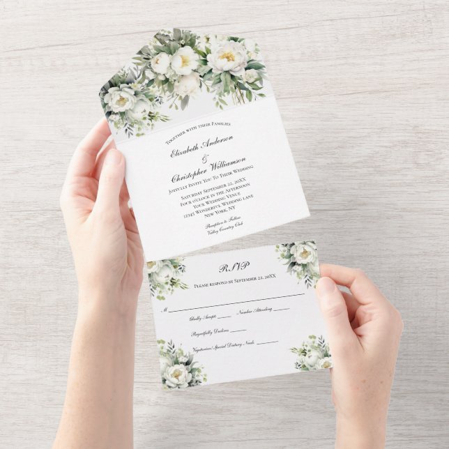 Weiße Blumenhochzeit in einer Einladung (Abreißen)