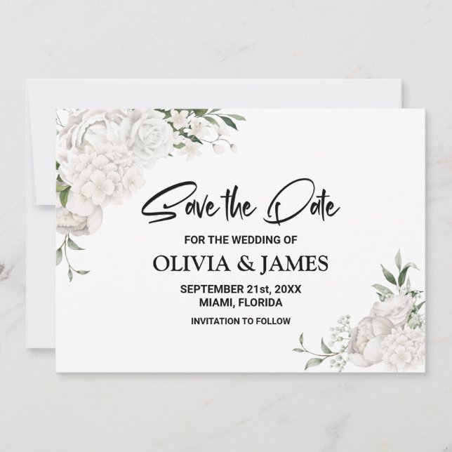 Weiße Blumenhochzeit Save The Date (Vorderseite)